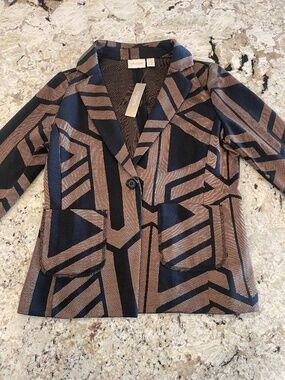 NWT Chico's Size 1 Brown & Black Geometric Stretch Blazer Pockets Modern $139